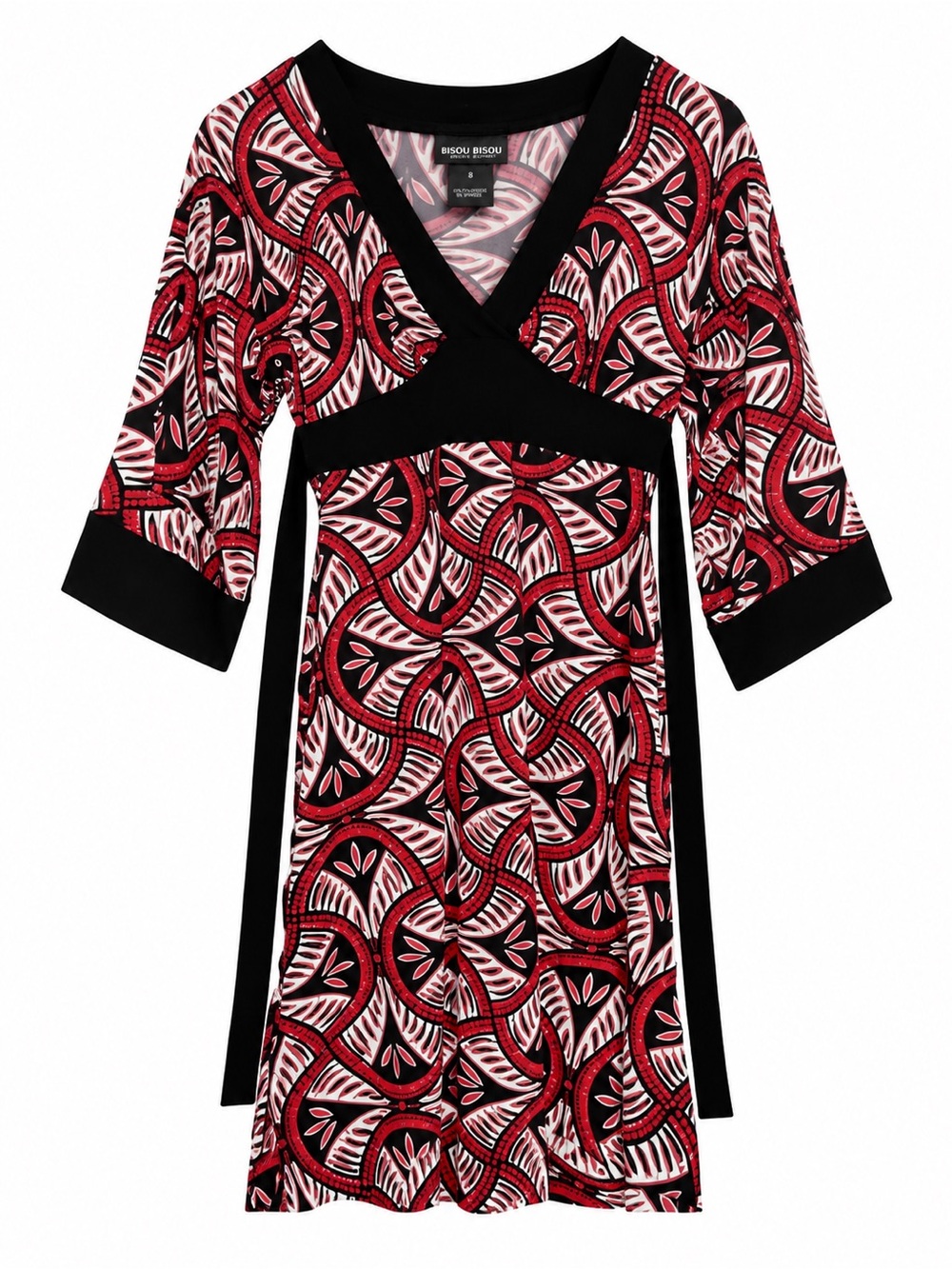 Bisou Bisou Michele Bohbot Red Black Abstract Print Empire Waist Dress Size 8